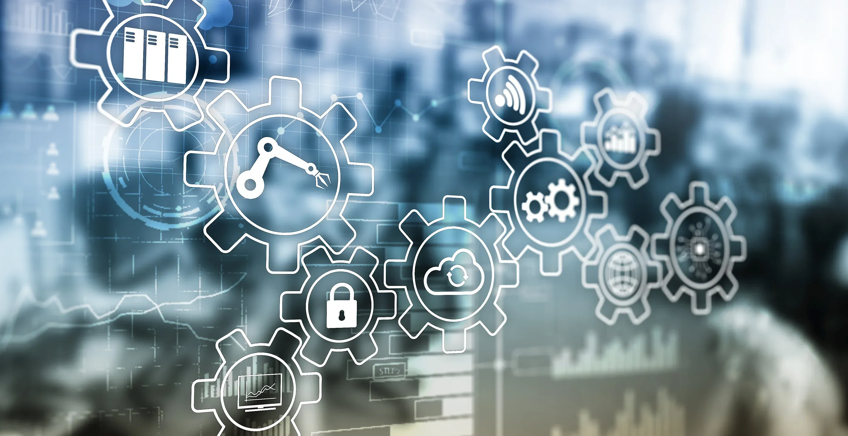 Digitale Industrieprozesse mit Symbolen für Automatisierung, Cloud-Technologie und Datensicherheit