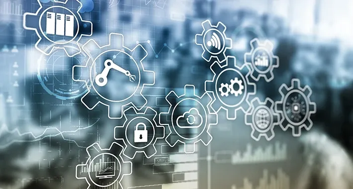 Digitale Industrieprozesse mit Symbolen für Automatisierung, Cloud-Technologie und Datensicherheit