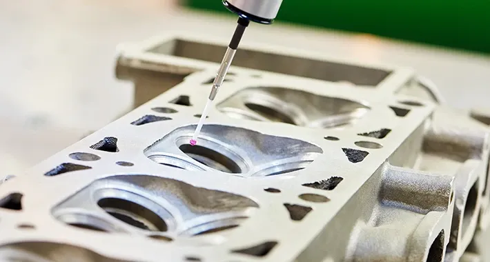 Präzisionsmessung eines Metallbauteils im industriellen Fertigungsprozess