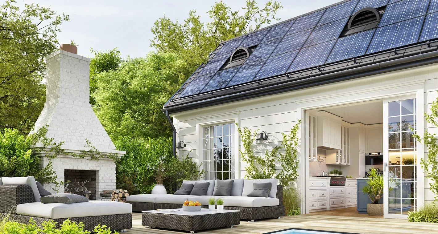 Modernes Haus mit Terrasse, Garten und Solaranlage