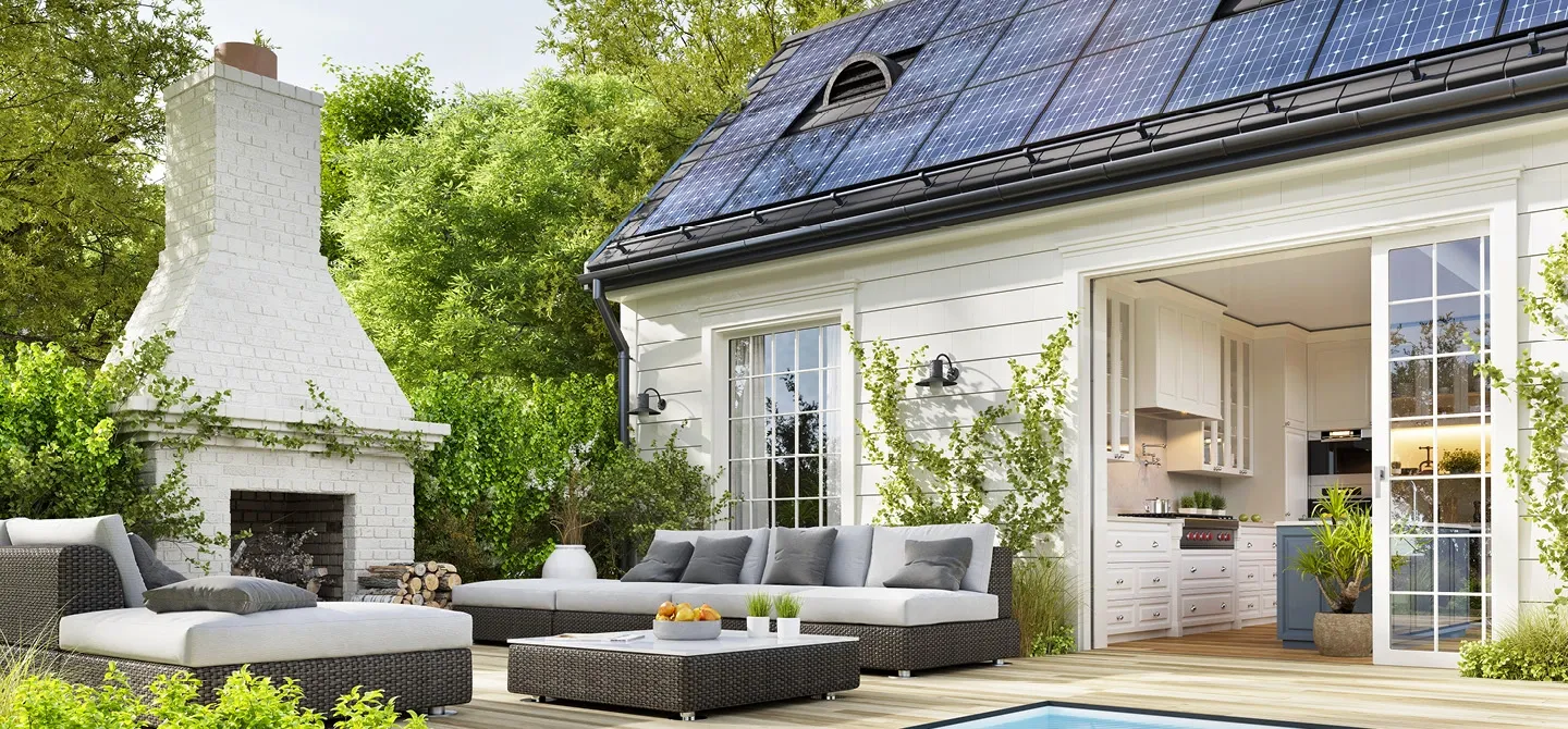 Modernes Haus mit Terrasse, Garten und Solaranlage