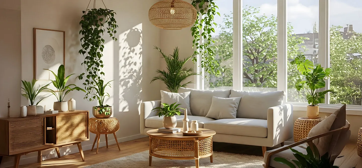 Helles Wohnzimmer mit Sofa, Pflanzen und großen Fenstern